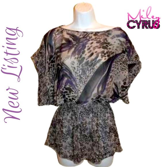 💐Miley Cyrus and Max Azria Animal Print Sheer Blouse S Womens Black Gray Purple - Picture 1 of 7
